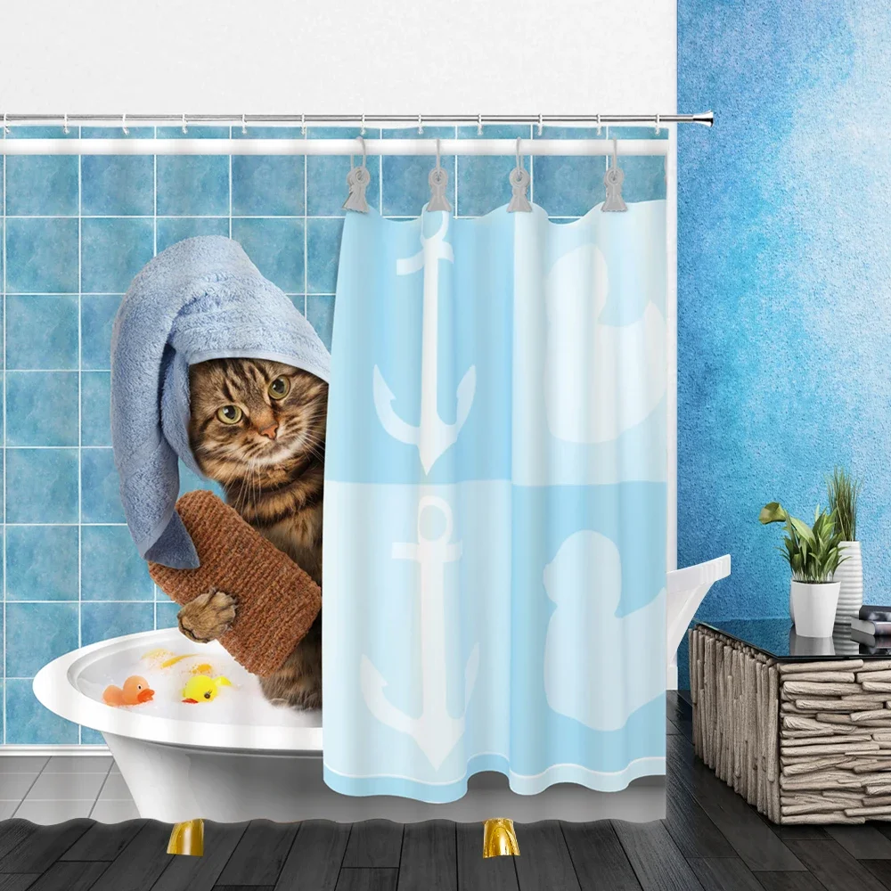 Funny Animal Shower Curtain Decor Cute Pet Cat Home Bathroom  Polyester Bath Cloth  Set Lanyard Hook