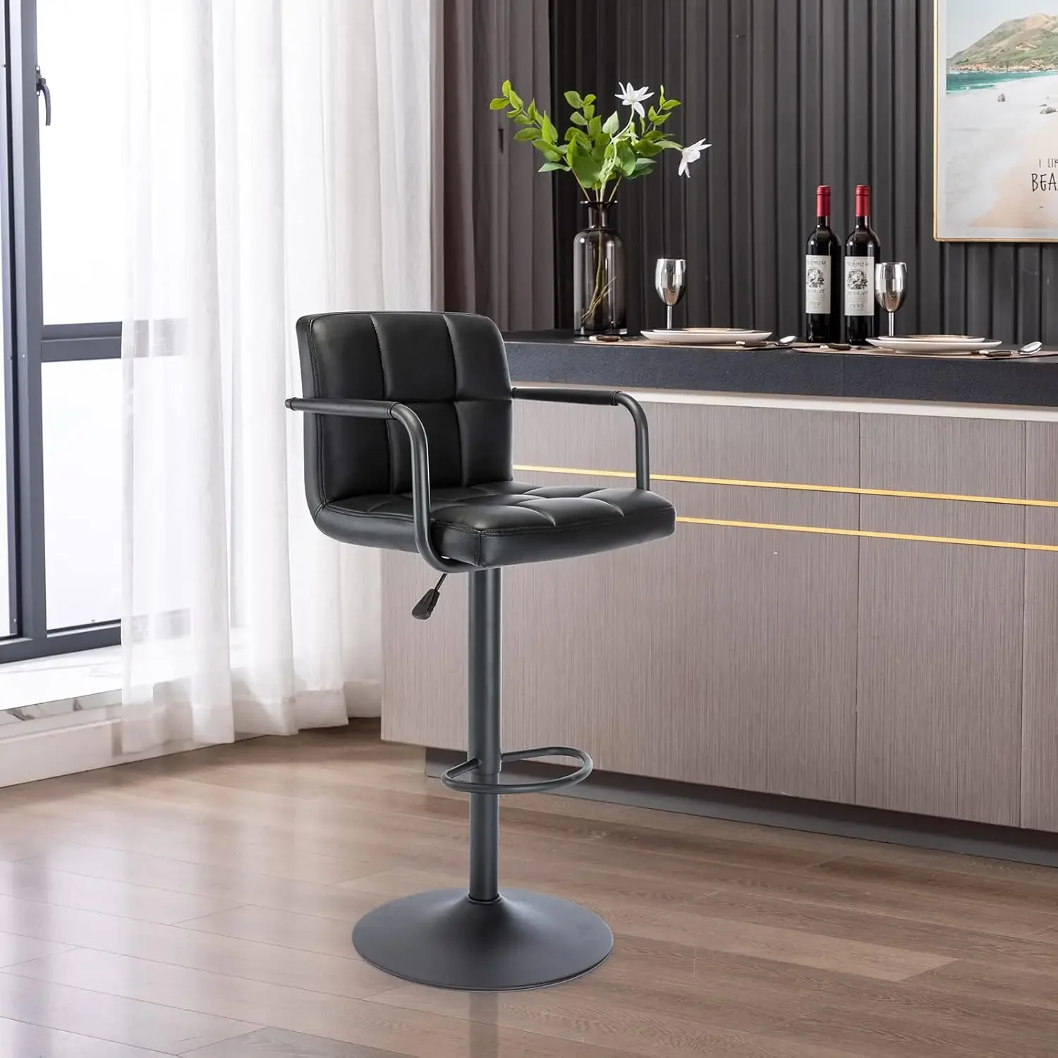 Direct Modern PU Leather Square Bar Stool, Adjustable Swivel Barstool with Back and Arms, Airlift Counter Height Chair for Kitch