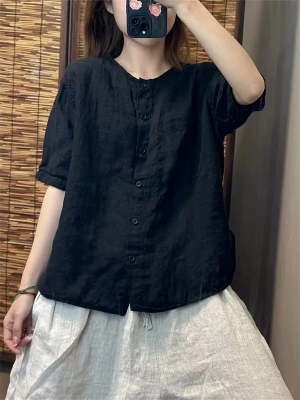 

Fashionable Cotton Linen round Neck Shirt Women's Summer New Style Retro Art Loose Versatile Youthful Open Cardigan Top Trendy