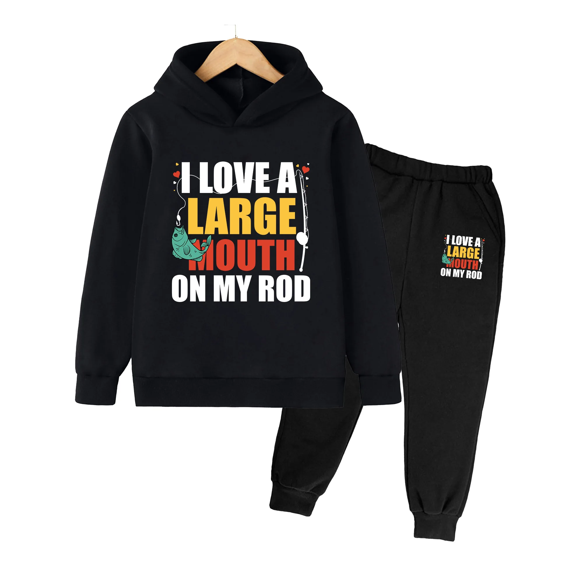 Boys Girls LARGE MOUTH Fish Print Hoodie & Sweatpants Set Casual Daily Sportswear Outfit