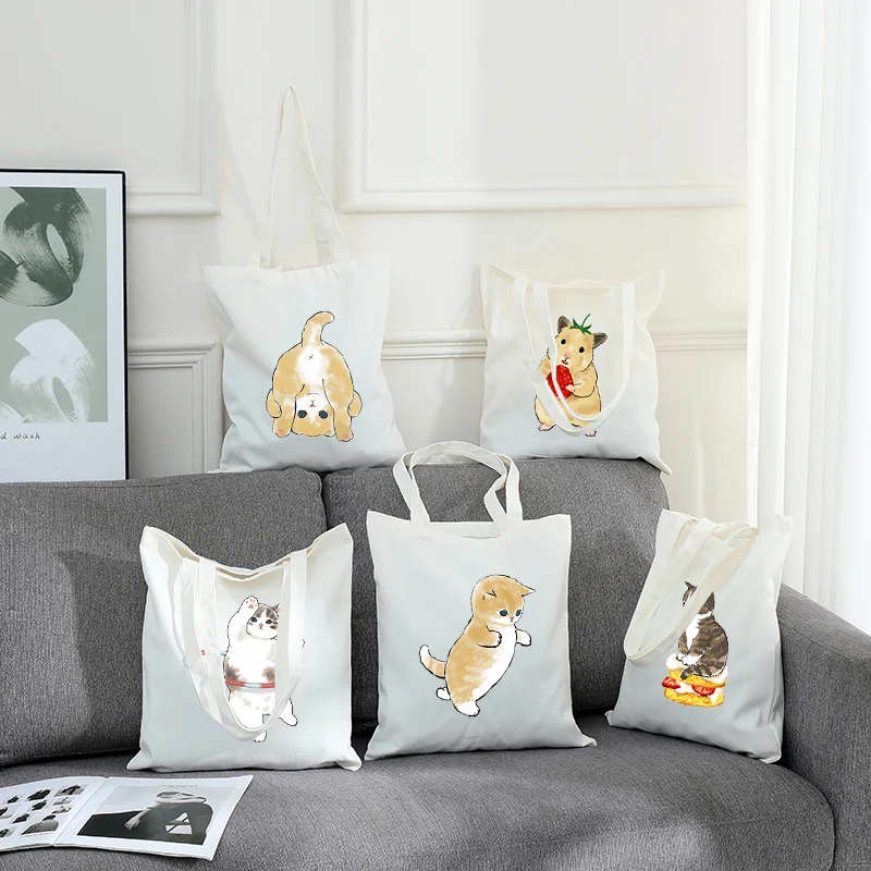 

Cute cat koala pattern canvas tote bag for cat lovers, lightweight reusable shoulder bag for travel, school and daily commuting