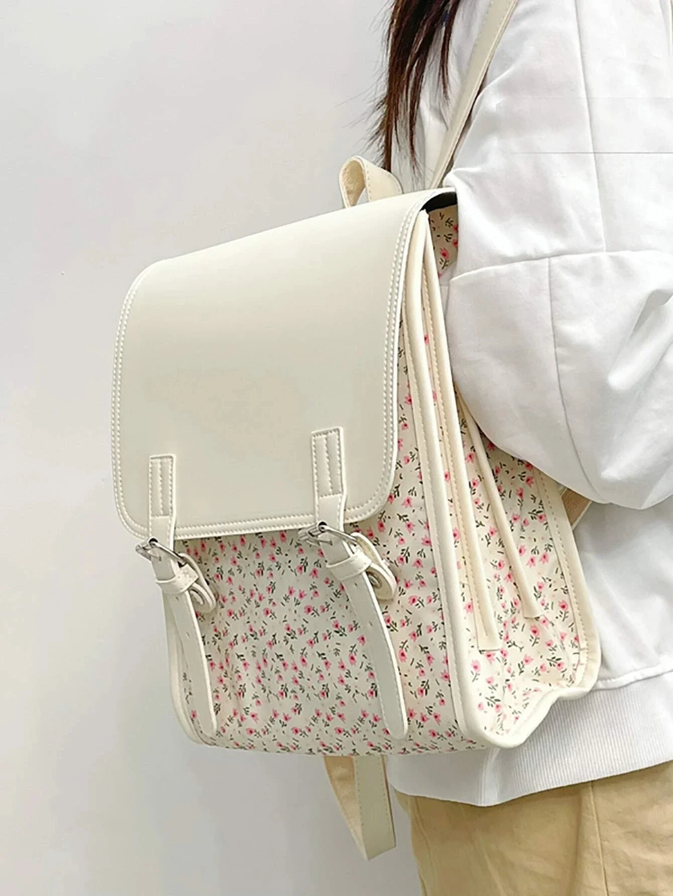 Business Casual Portable Ditsy Floral Buckle Decor Flap Backpack For Teen Girls Women Large Capacity Fashionable Schoolbag