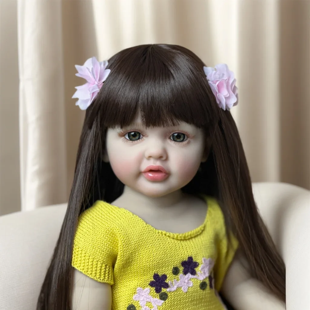 

55cm 22 Inch Lifelike Vinyl Body Reborn Baby Girl Doll Long Brown Hair Princess Toddler Doll Toy Christmas Birthday Gift