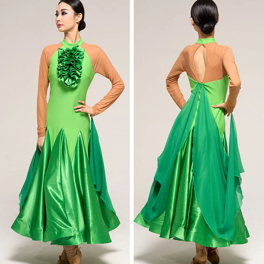 Practice Dance Dress high quality Flamenco Skirt Custom Ballroom Dancing Dress Competition Ribbon Collar Decal Long Sleeve