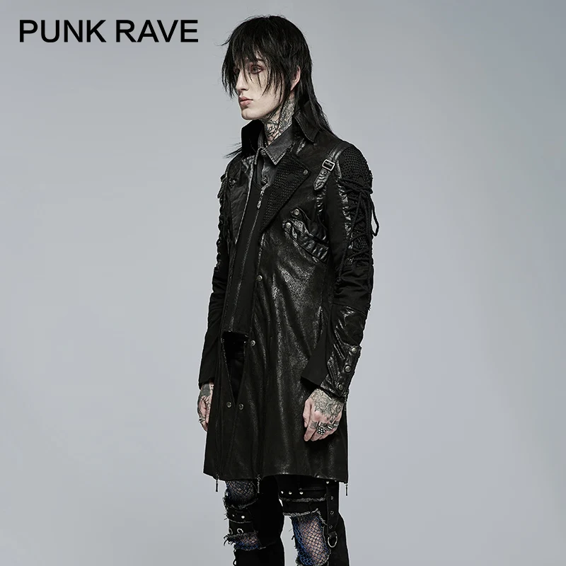 PUNK RAVE Men\'s Punk Style Military Jackets Faux Leather Slit Unisex Gothic Retro Men Long Coats Autumn Winter Black & Red