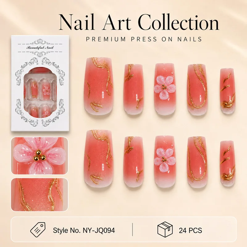 Nude Peach Gradient Gilded Press On Nails Gold Thread 3D Carved Pattern Reusable False Nail Tips