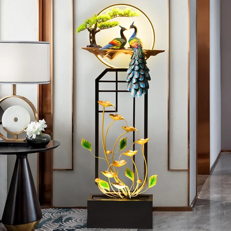 Unique Indoor Home Decor Accessories Peacock Lotus Water Curtain Craft Ornement Metal Water Fountain Waterfall