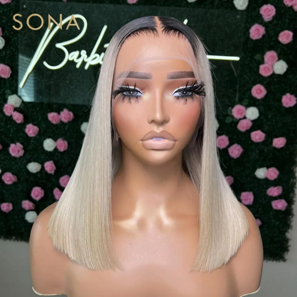 

Silver White Ash Blonde Short Straight Bob Platinum #60Colored 13x4 Lace Front Wig Human Hair Pre Plucked 13x6 Lace Frontal Wigs