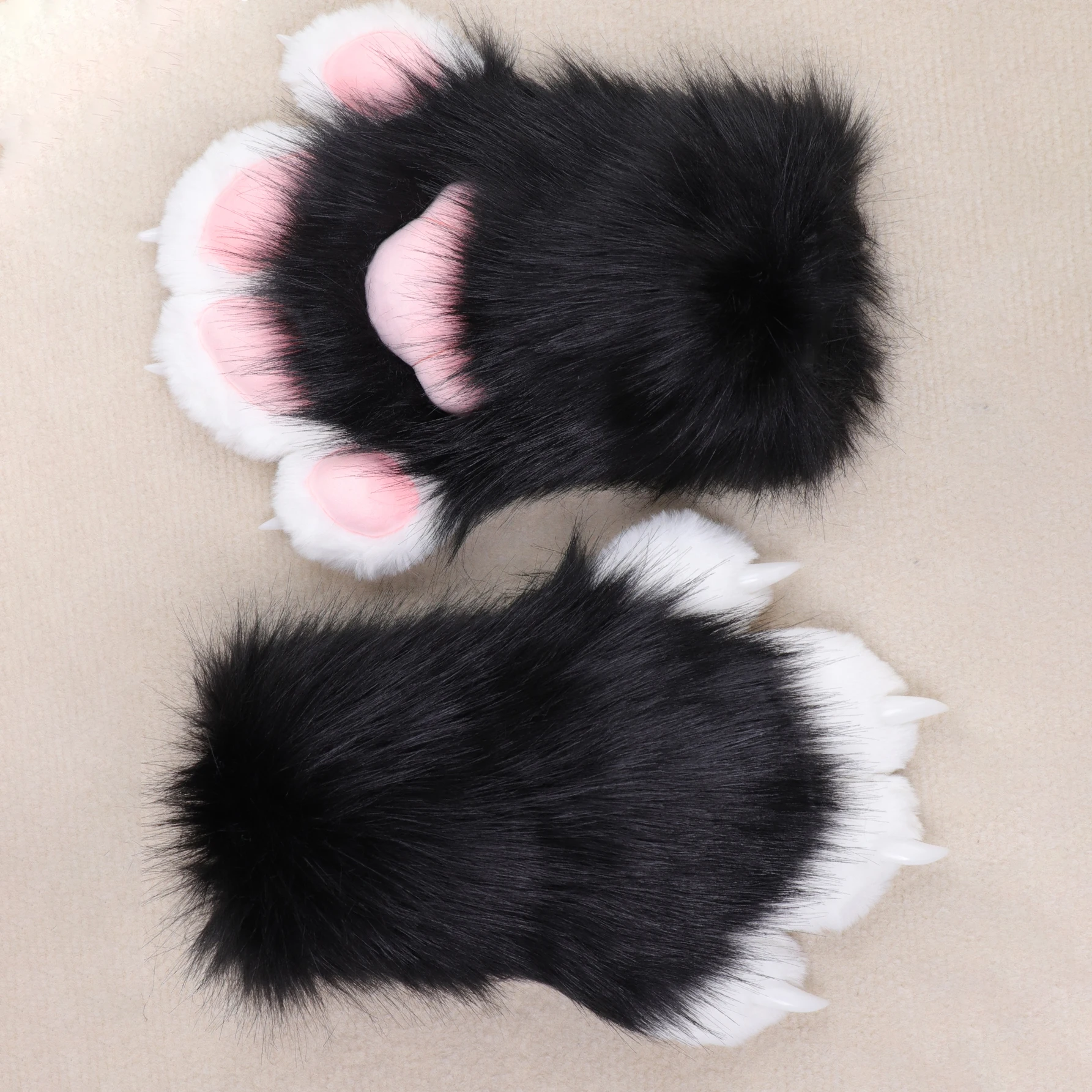 Plush Animal Paw Gloves Cosplay Hand Paws with Claws & Colorful Paw Pads for Halloween & Furry Costume