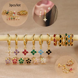 3PCS Stainless Steel Zircon Huggies Hoop Earrings Set For Women Gold Color Flower Cartilage Piercing Earring Statement Jewelry
