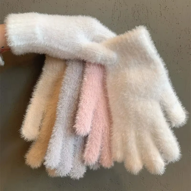 Fashion Winter Mink Velvet Five Finger Gloves Plush Warm Cold-proof Gloves Women Outdoors Cycling Thickened Cold-proof Gloves