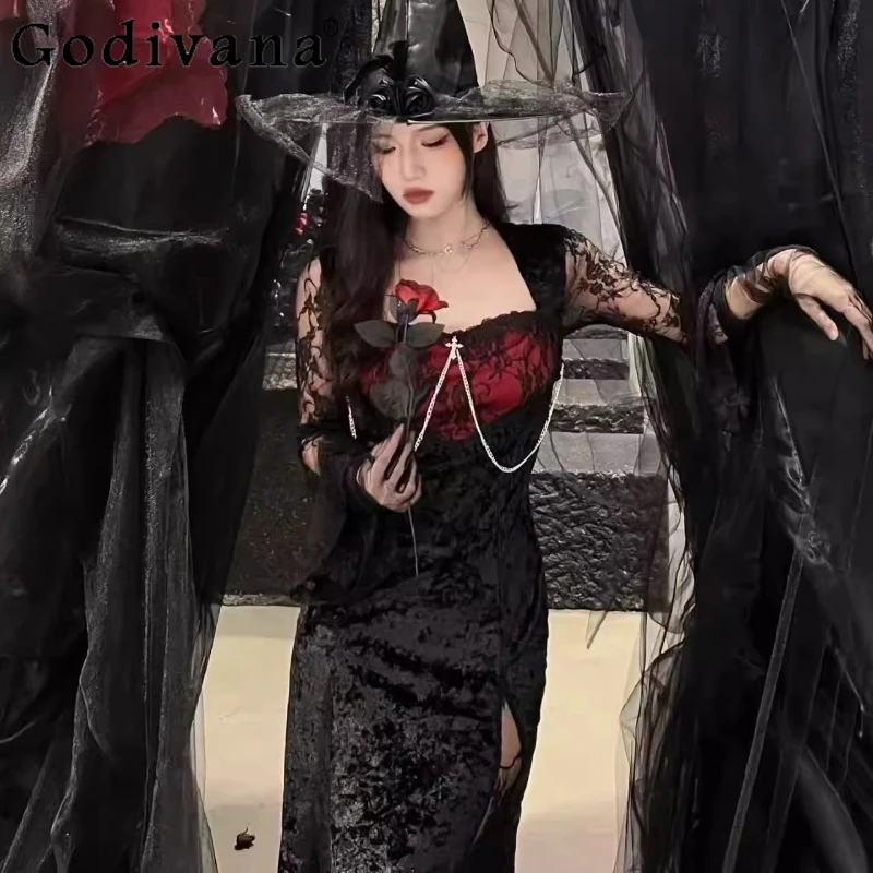 

Хэллоуин, готический стиль, кружевное платье для косплея, женское субкультура, длинное платье для горячих девушек, женские черные костюмы для ролевых игр, комплекты