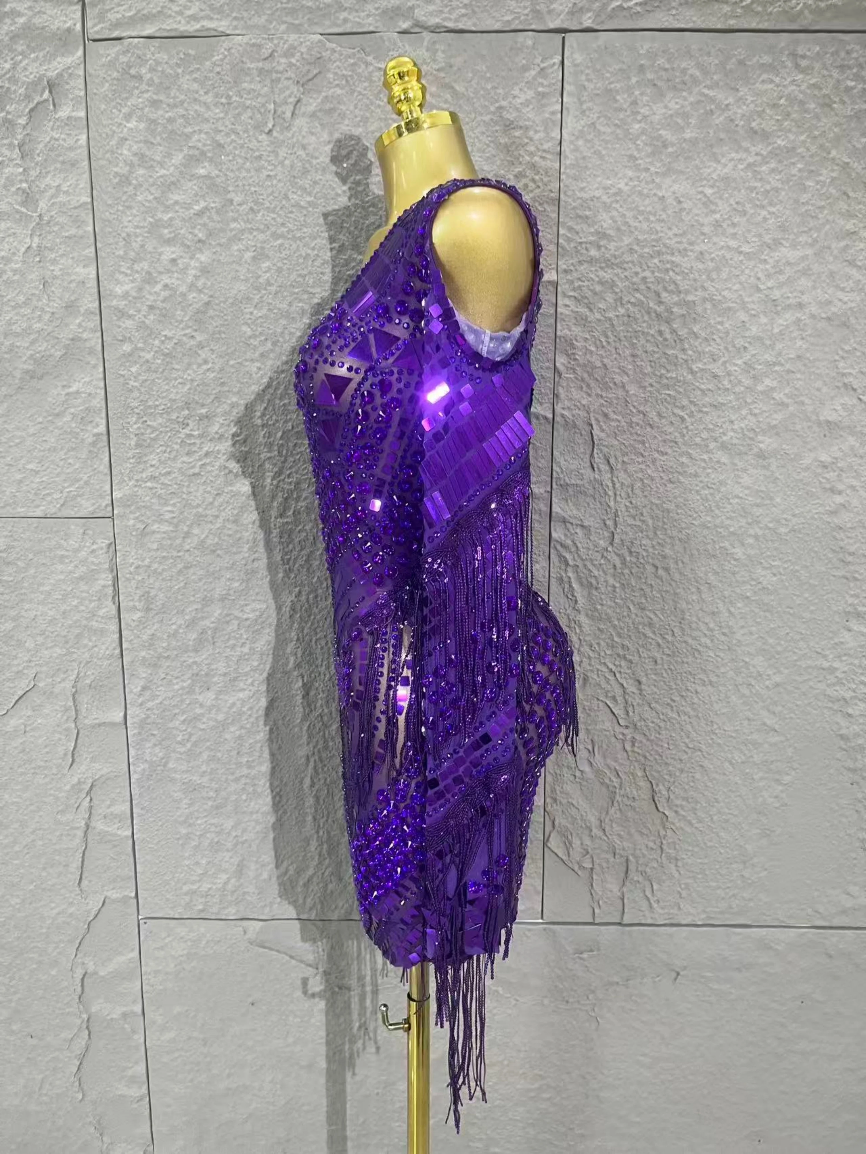 Weelderige sprankelende diamanten pailletten kwastjes lange mouwen pure mini-jurk avondfeest luxe verjaardag sexy mesh nachtclub