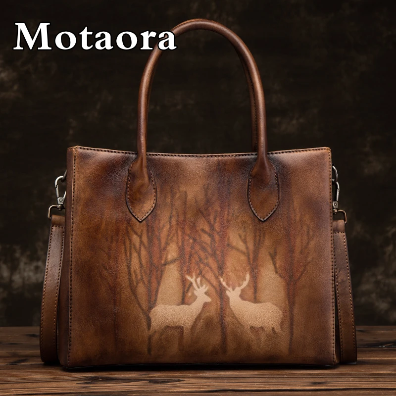 MOTAORA Retro Women Shoulder Bags Genuine Leather Handbags For Ladies Designer Luxury Handbag Hand Painted Women's Bag Woman