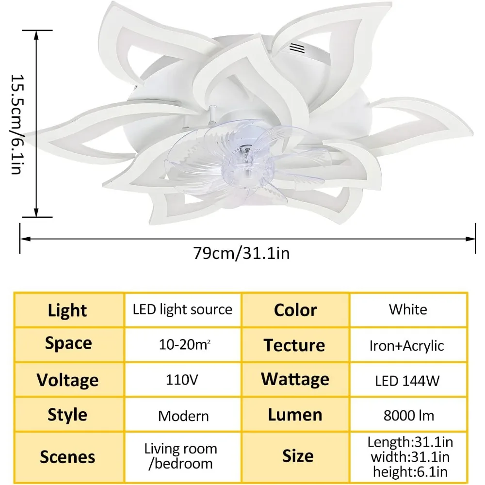 Ventiladores de techo de 31,1 pulgadas con luces y mando a distancia, 3 colores, 6 velocidades, montaje empotrado en interiores