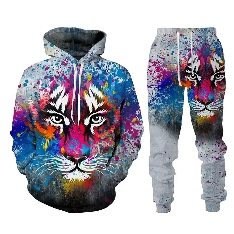 2024 New Men\'s animal tiger Hooded Sweatshirt 3D Printed Men Sportswear pants Two-piece set Autumn fashion Men clothing set