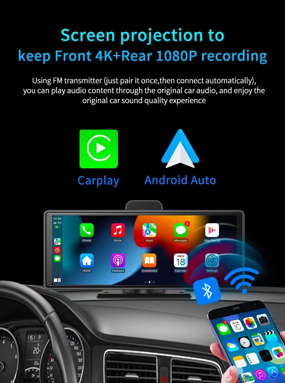 Upgraded 10.26 Inch 5G WIFI GPS ADAS USB AUX Portable Wireless Carplay Android Auto AirPlay Miracast Dash Cam 4K+1080P Dashboard