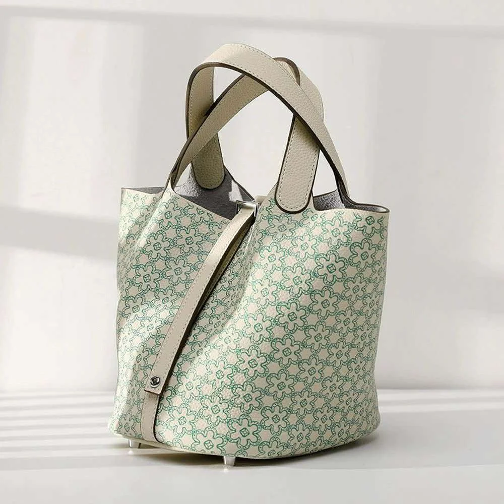New fashionable printed women's genuine leather top layer cowhide handbag, versatile daily Chinese style bucket bag