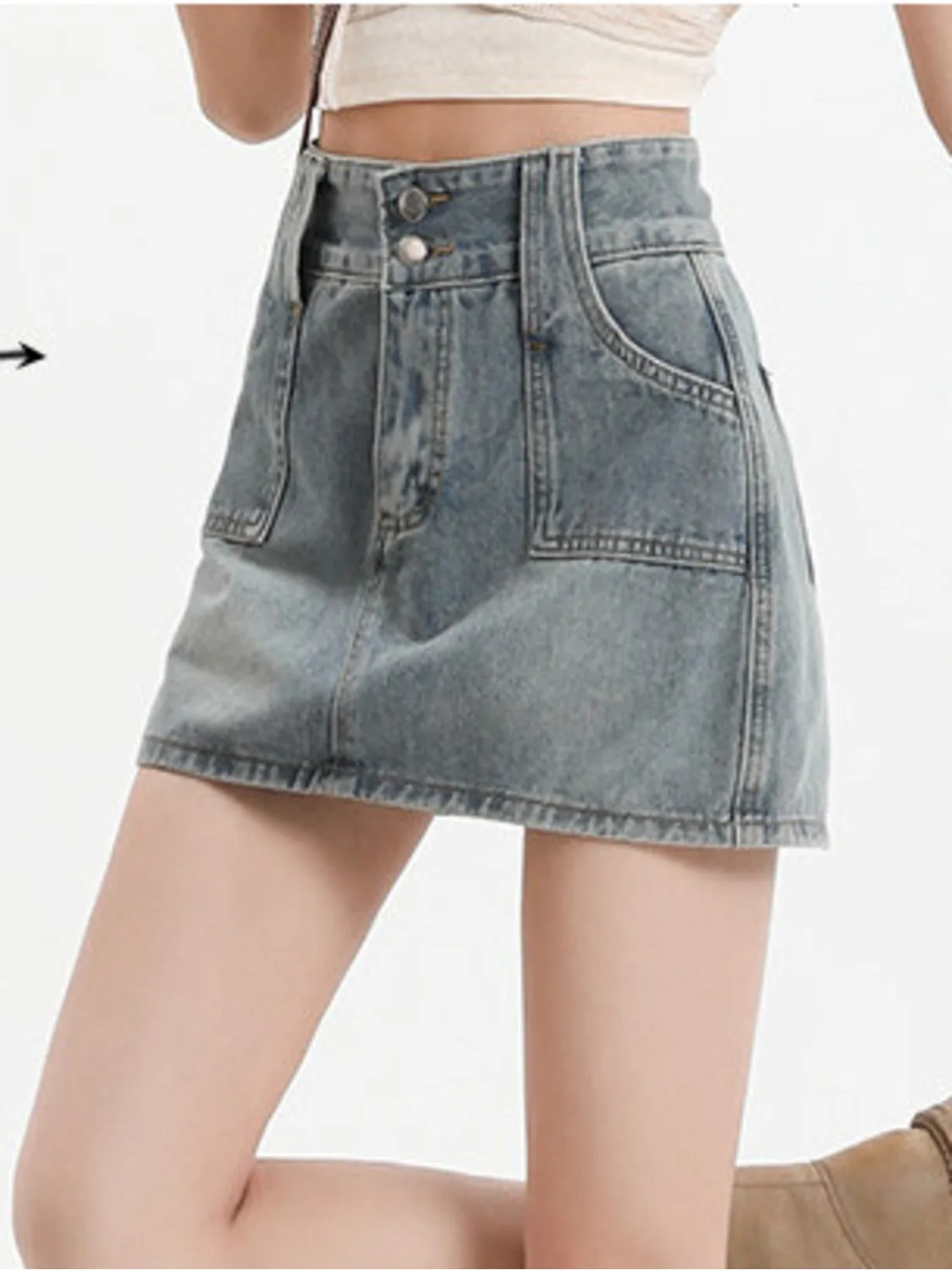 

Women's High Waist Denim Mini Skirt Vintage Washed Distressed Double Button A-Line Short Jeans Skirt with Pockets