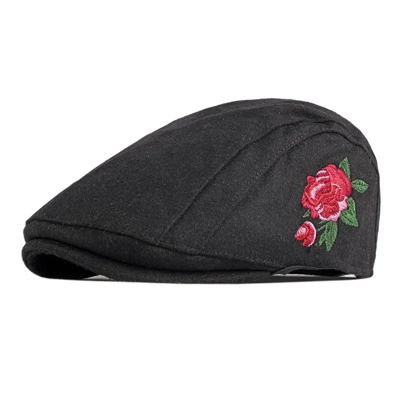 Autumn And Winter New Embroidered Woolen Beret Women's British Retro Casual Ethnic Style Peaked Cap Casual Advance Hats Fashion