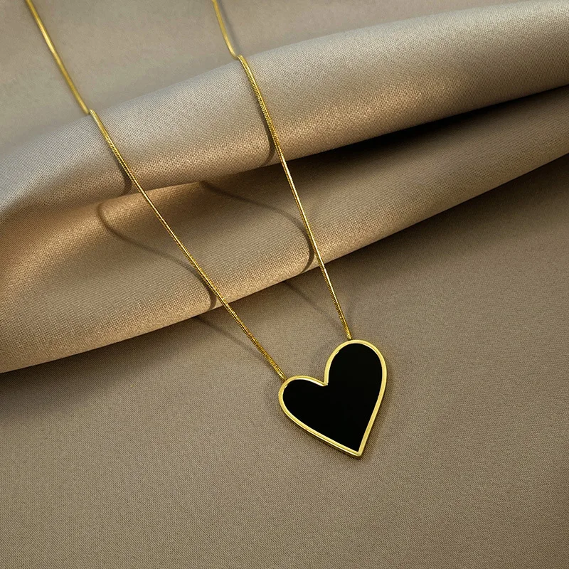 OIMG 316L Stainless Steel Gold Color Korean Sweet Balck Irregular Heart Big Pendant Necklace For Women Girls Temperament Gifts
