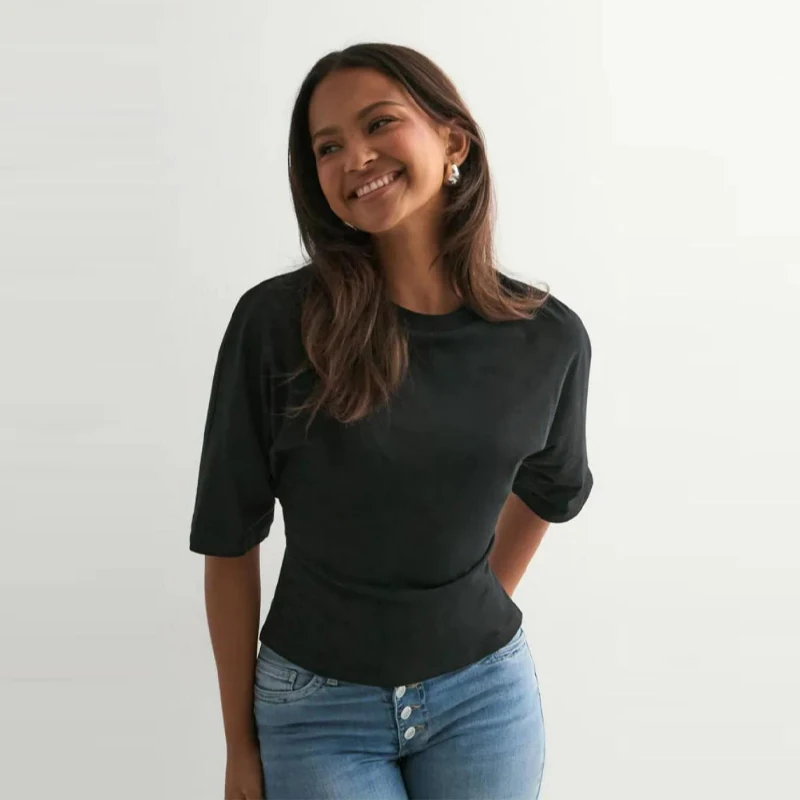 

Chic women's Solid Color Elbow Sleeve Crew Neck T-shirt Back Bow Tie Cutout Waist Slim Fit Casual Summer Commuter Fashion Tops