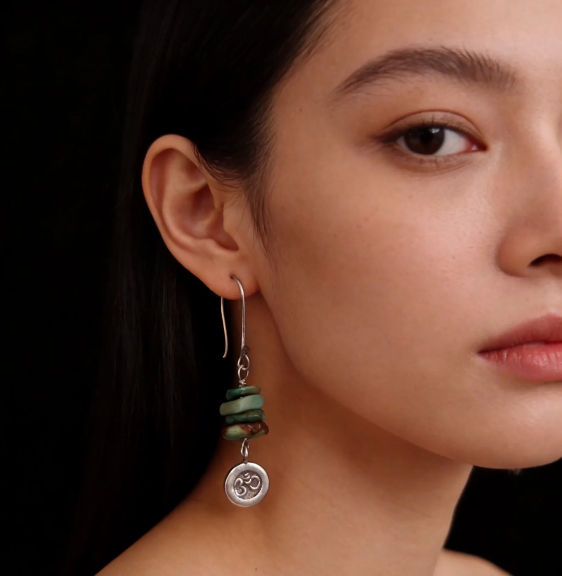

Exclusive Handmade 925 Thai Sterling Silver Dangle Earrings, Natural Raw Hubei Turquoise Chip Beads with Engraved Silver Om