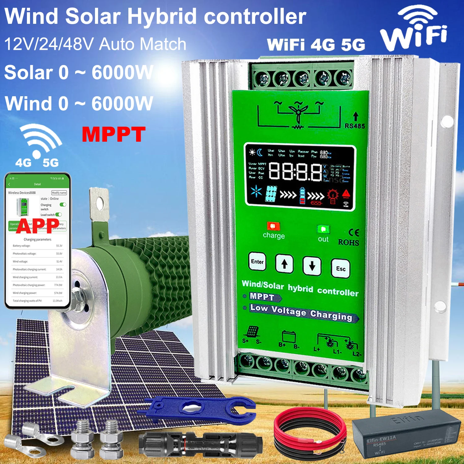12V 24V 48V 4000W 6KW WIFI Wind Solar Hybrid Controller 160A 80A Solar Panel Wind Turbine MPPT Board Battery Charging Regulator