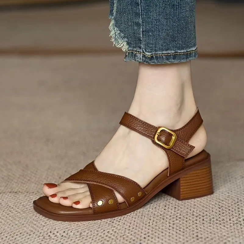 Women Apricot Sandals Handmade Vintage Square Toe Buckle Shoes New PU Leather Ladies Summer Beach Casual Pumps Women\'s Sandals