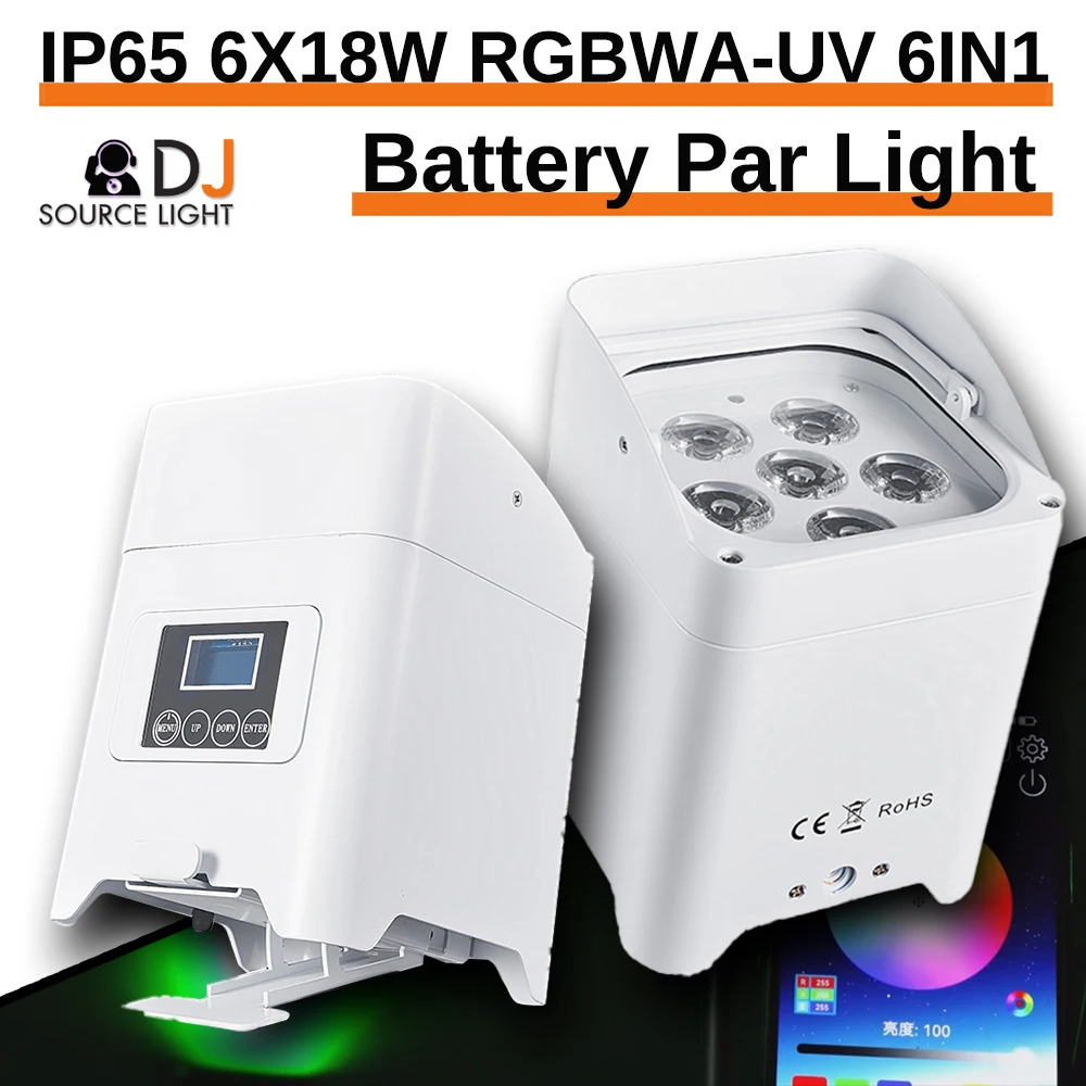 

Waterproof IP65 6x18w Battery Par Light RGBWA UV 6IN1 LED Wireless DMX with Phone App Remote Control Party Wedding Stage Light