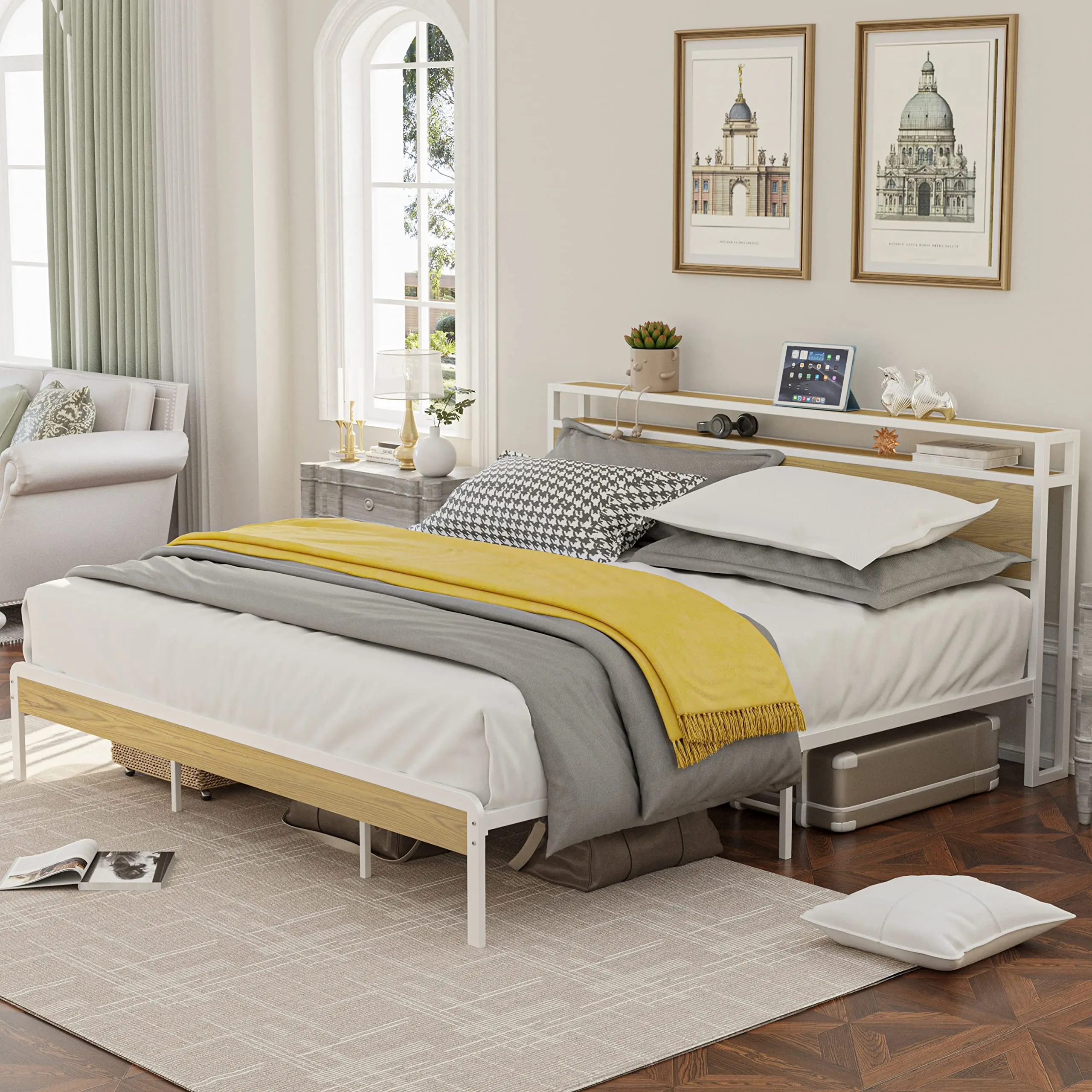 LIKIMIO Queen/King Bed Frame, Platform Bed Frame with 2-Tier Storage Headboard and Strong Support Legs, No Box Spring Needed