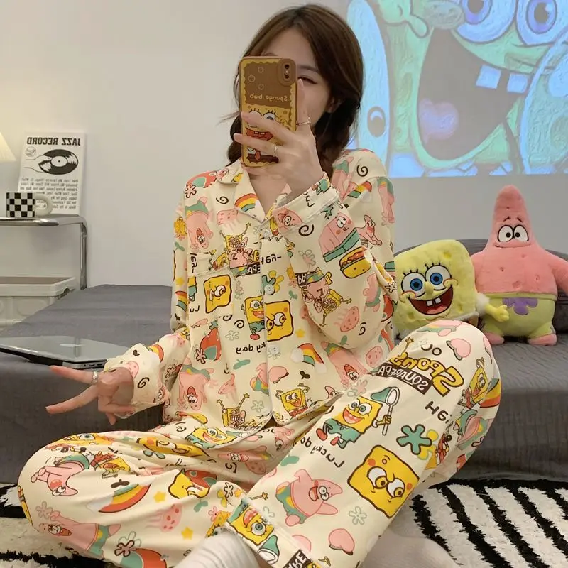 طقم بيجامة SpongeBob SquarePants للسيدات بأكمام طويلة وسراويل صوفية على طراز الرسوم المتحركة ونجمة كبيرة للخريف والشتاء لطيف