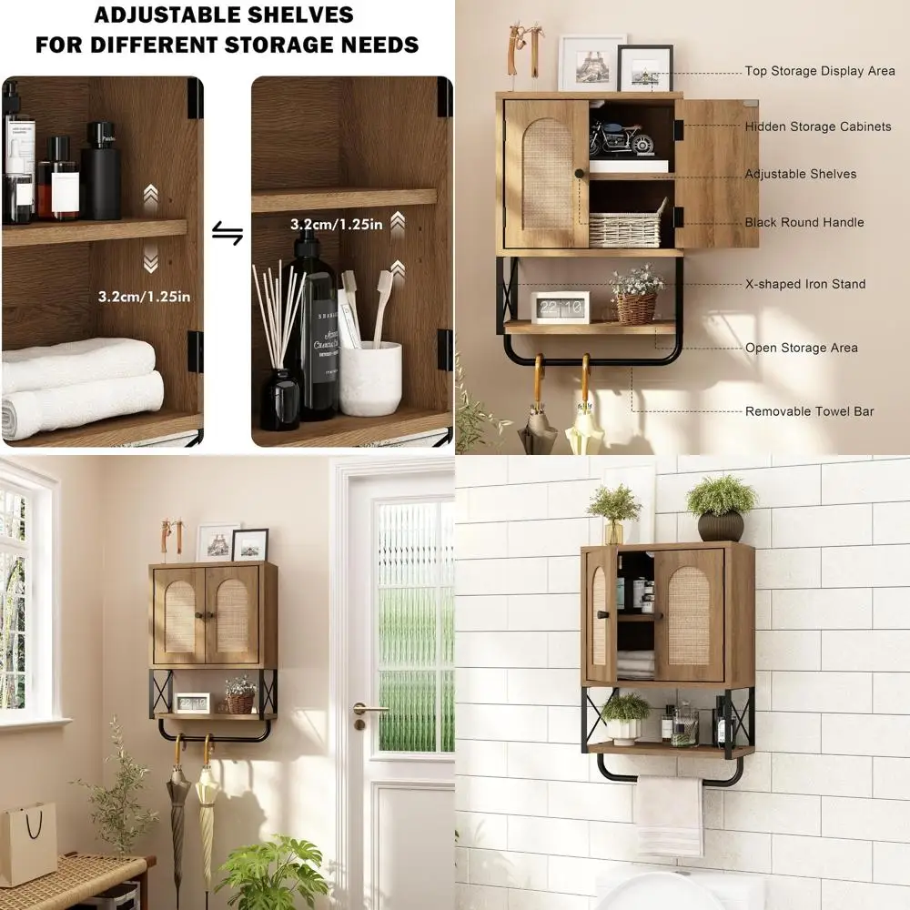 

Rattan Bathroom Wall Cabinet, Boho Over The Toilet Storage Cabinet with Arched Rattan Doors, Modern Medicine Cabinet with Adjust