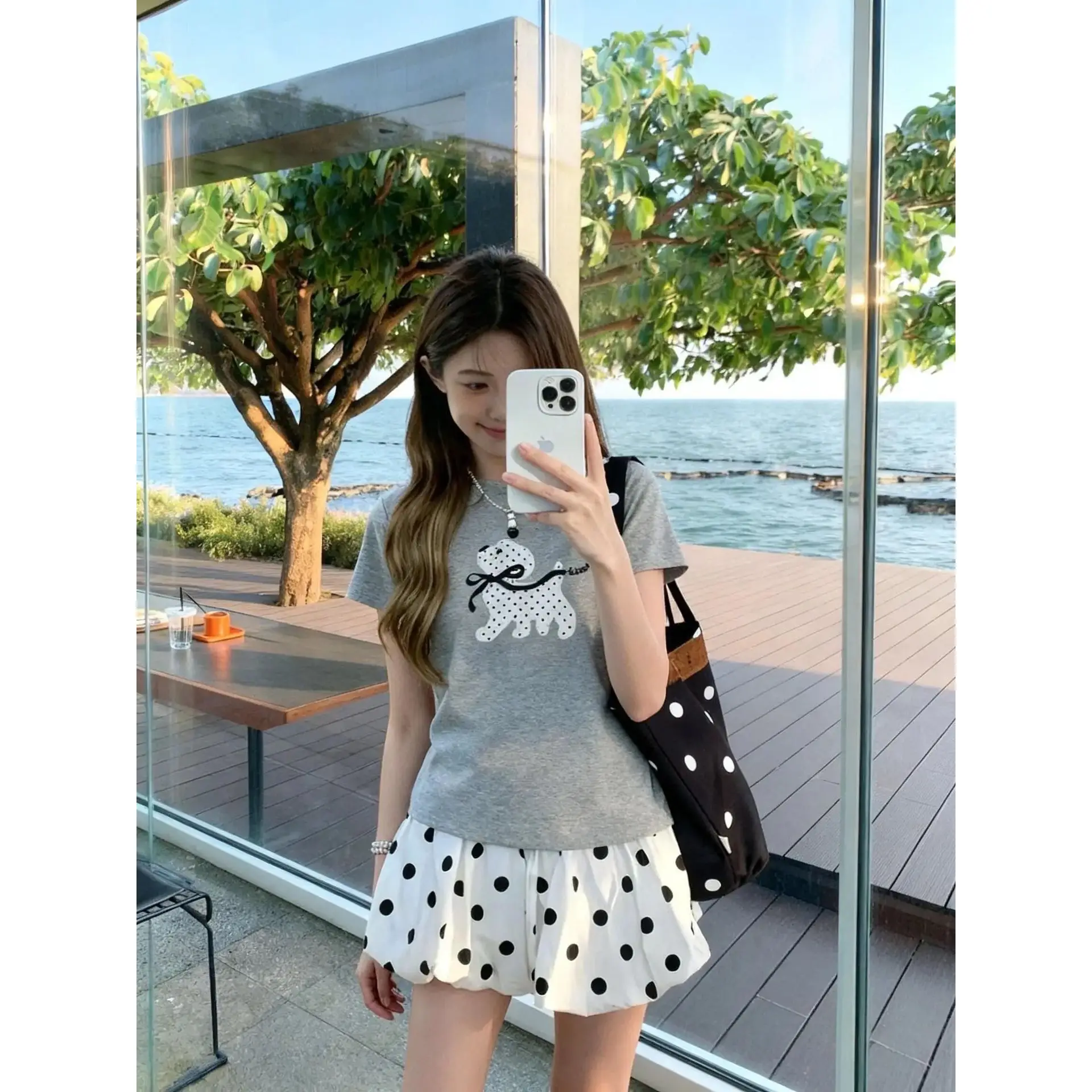 Polka Dot Puppy Print T-shirts Women Korean Fashion Y2K Cute Tops Vintage Slim Kpop Gothic Tees Cheap Clothes Woman Black Tshirt