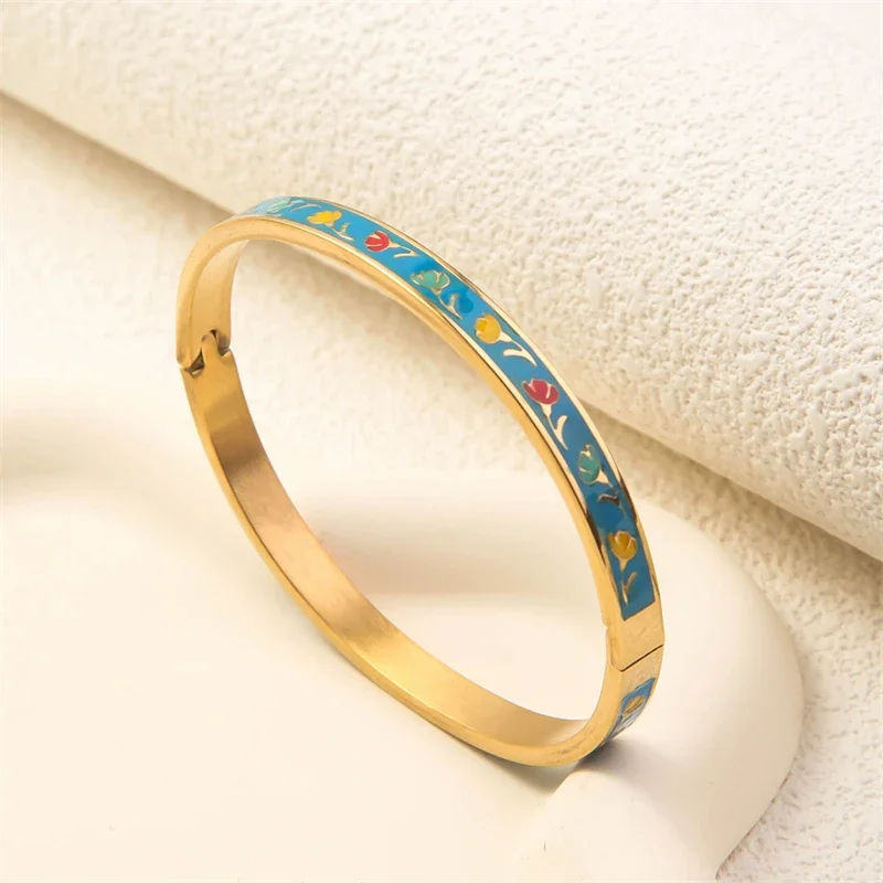 Fashion Stainless Steel Oval Bangle for Women Gold Color Geometric Colorful Enamel Painted Bracelet Wedding Jewelry