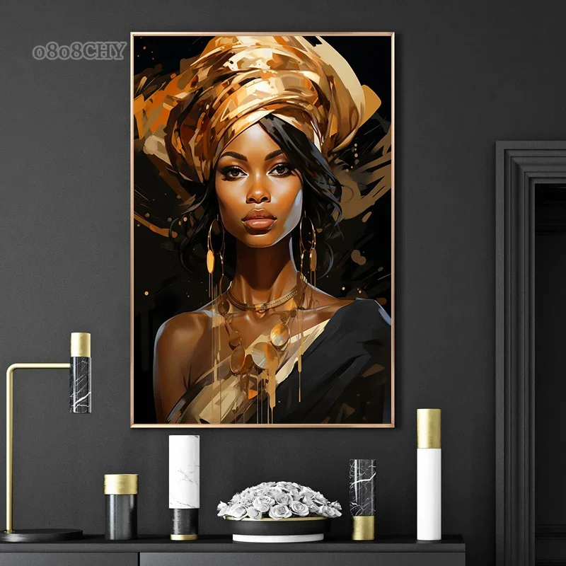 Luxury Fashion African Poster Gold and Black Woman Canvas Prints Poster Wall Art Painting Abstract Portrait Mural for Home Decor