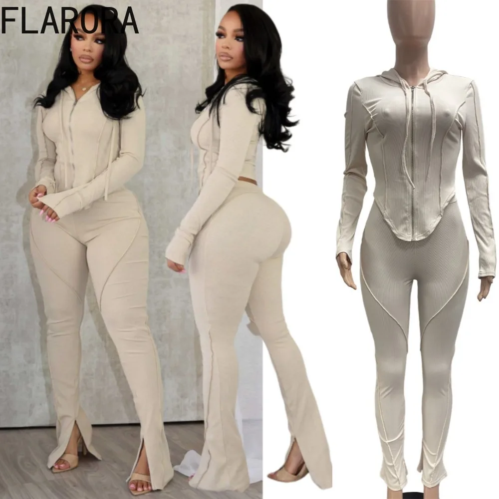 FLARORA-Conjunto deportivo informal de otoño para mujer, chaquetas con capucha y cremallera de manga larga y pantalones acampanados con abertura, ropa de calle, chándales, 2 uds.