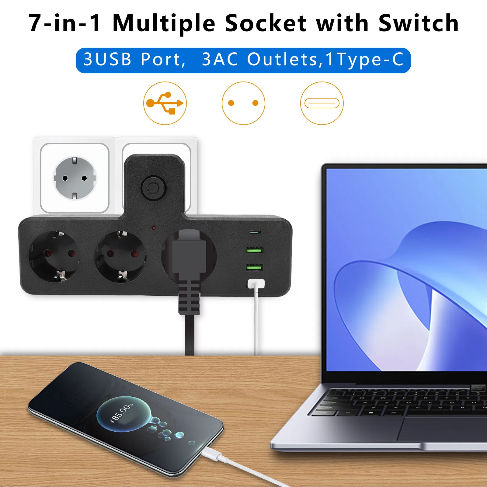 Outlet Extender 3 AC Outlets 3 USB Ports 1 Type C Port Multi Functional Power Strip with  for Home 3 Outlet Extender