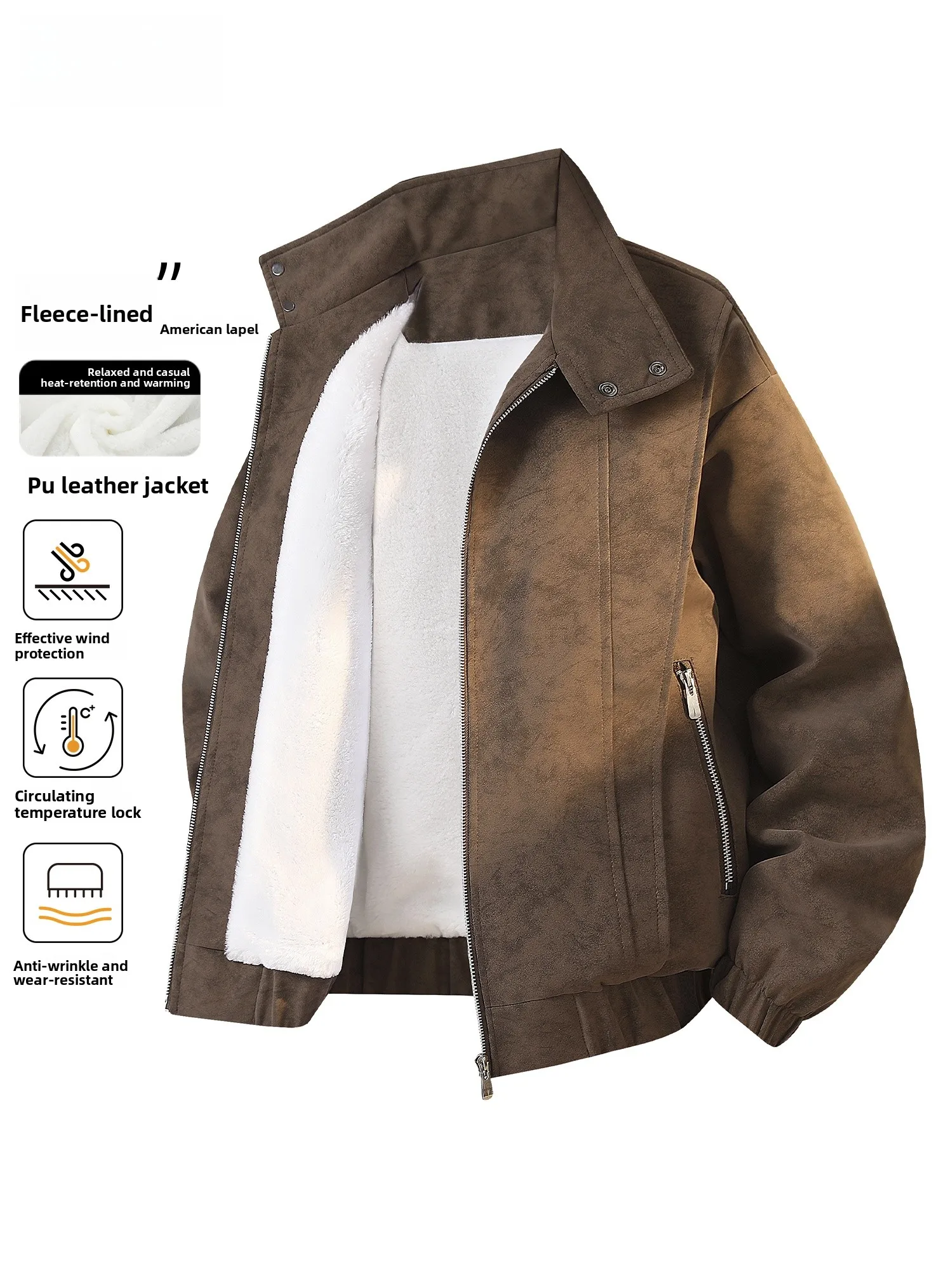 

Thiened Fce Lined Biker Sle Jaet Men's Autumn Winter PU Leather Coat with Stand Collar Casual Outerwear for Youth