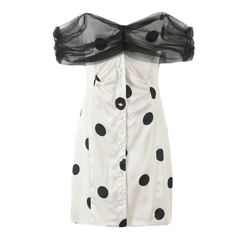 Jastie Mini abito sexy senza spalline a pois con spalle scoperte Donna Bottone frontale Manica corta Abiti estivi aderenti 2025 Robe