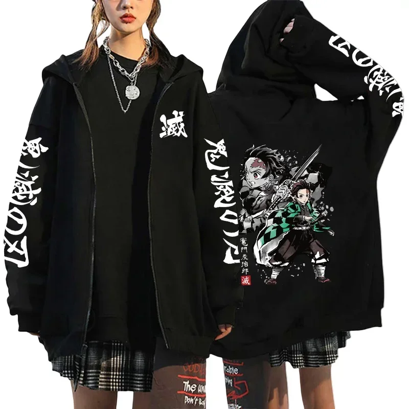 Tanjirou Zenitsu Inosuke Pattern Sweatshirt Autumn Coat Japan Anime Print Black Hoodie Woman Hooded Long Sleeve Zipper Jacket