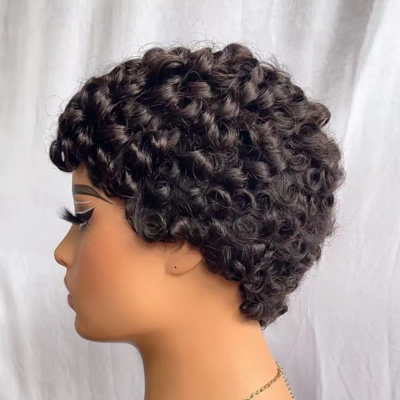 Hochwertige natürliche schwarze gelockte 100% Echthaar-Perücke, kurzer Pixie-Schnitt für Frauen, 6'' Remy-Haar, kleberlose Perücken – Detail 5