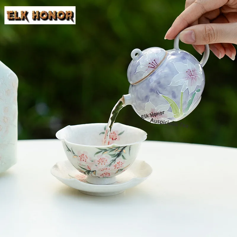 Hand-painted Lily Fragrance Round-bellied Travel Tea Set Kit Creative 1 Pot 3 Cups Tea Making Organizer Portable Camping Stock