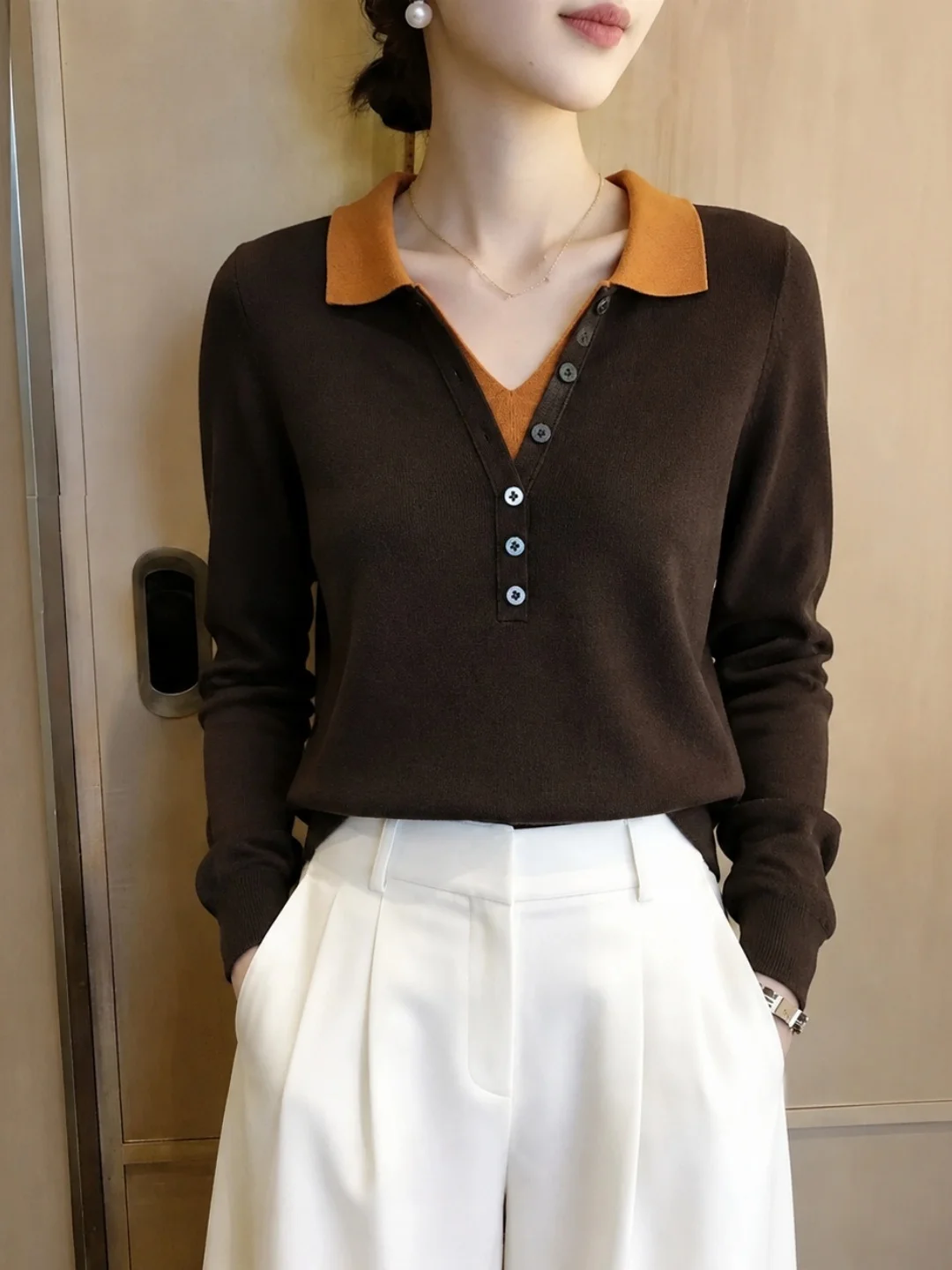 Chic Comfortable Soft Knitted Top New Autumn Fashion Color Block Long Sleeve Design Korean Style Silk Women's Premium Clothing