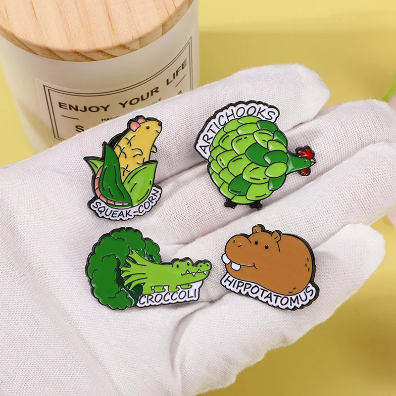 New Vegetable Animal Brooch Corn Mouse Broccoli Crocodile Potato Hippo Chicken Cartoon Enamel Alloy Badge Pin DIY Clothes Bag