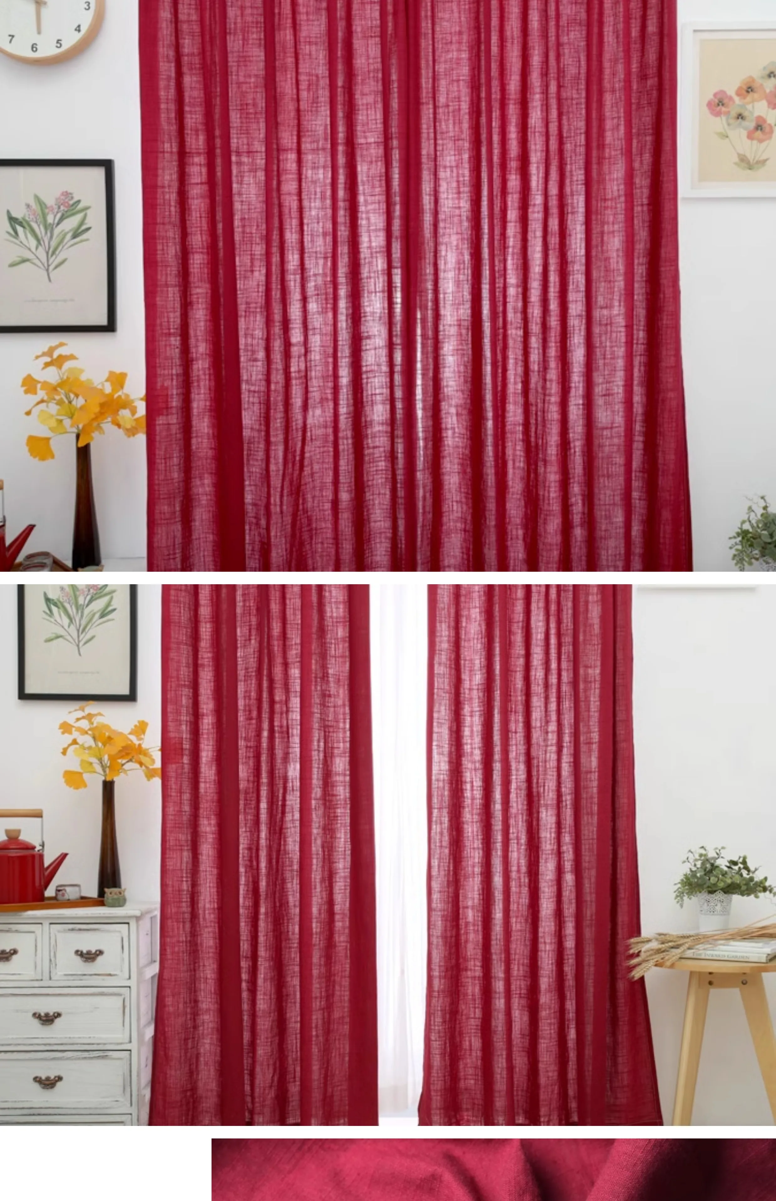 Retro Burgundy Cotton and Linen Curtains B&B Curtains for Living Dining Room Bedroom