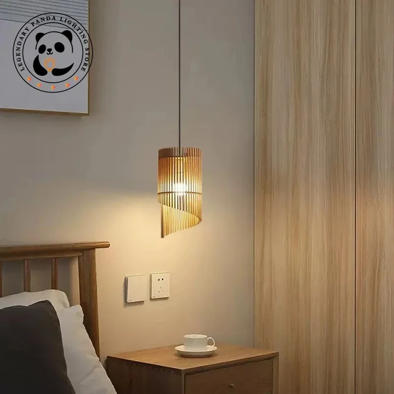 Japanese Simple Pendant Lamp Log Hollow Out Bar Restaurant Bedroom Bedside Study Ceiling Chandelier Art Decoration Light Fixture