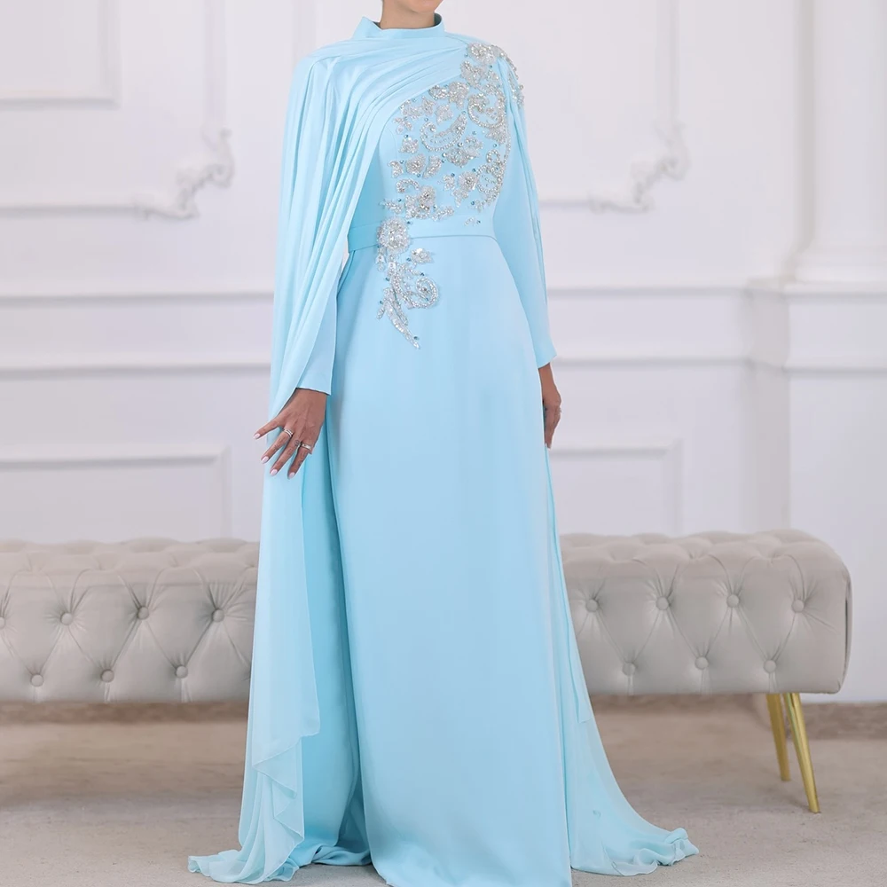 Vestidos de noite retos personalizados até o chão, gola alta, manga comprida, vestido de baile, moda cristal, simples, roubou, vestido de festa drapeado