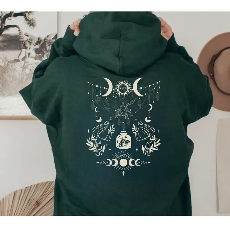 Mystical Celestial Goblincore Back Print Hoodie Moths and Mushrooms Hoodies Women Clothes Aesthetic Streetwear Women Pullover