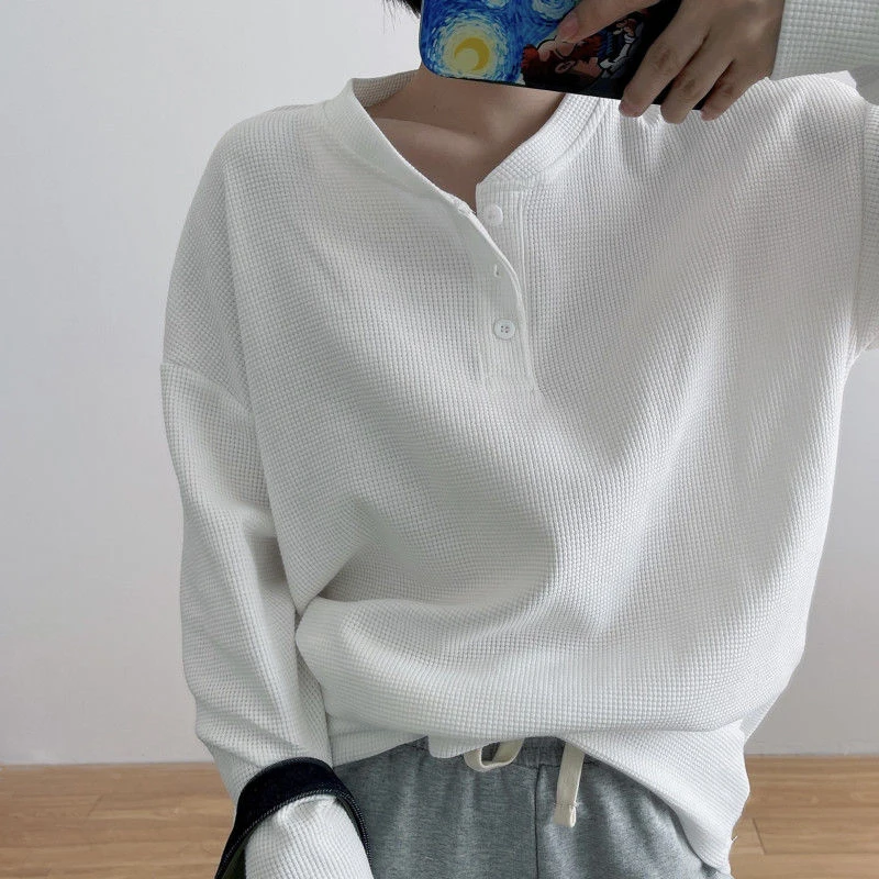 Waffle Button O Neck Oversized 2022 Spring Fall Long Sleeve Women T Shirts Korean Style Fashion Harajuku White Black Solid Tops